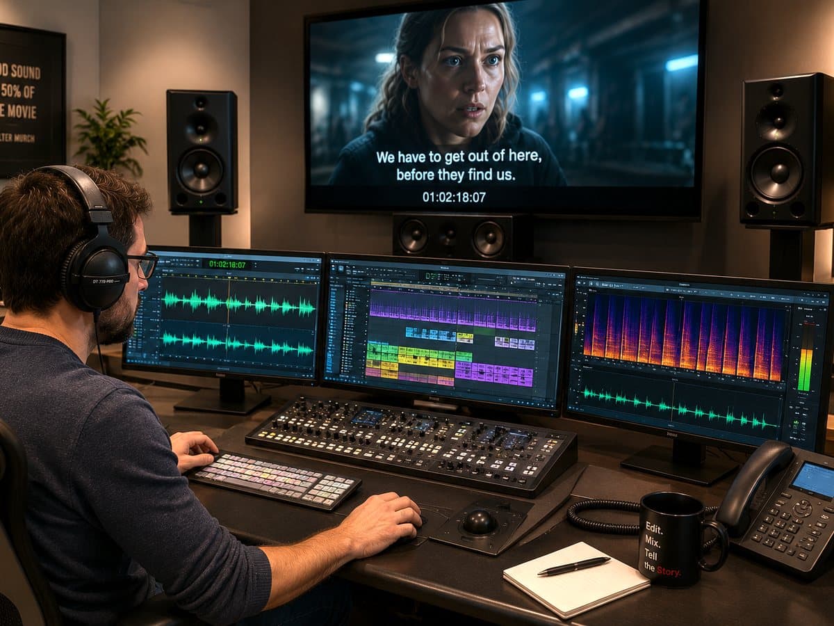ADR engineer working across waveform displays with the scene playing above