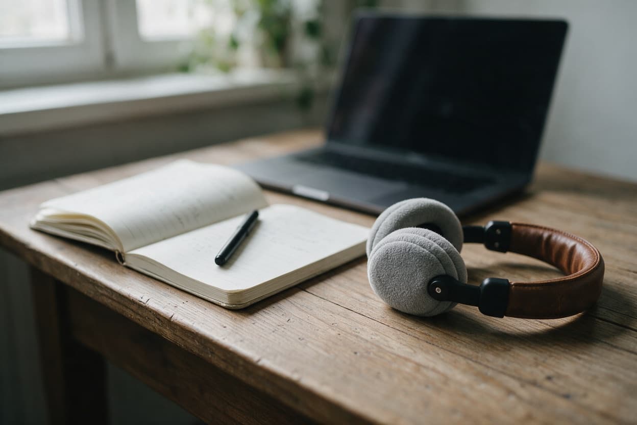 A linguist proofreading a printed transcript against the original recording