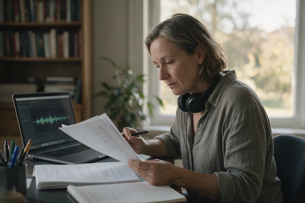 A linguist proofreading a printed transcript against the original recording