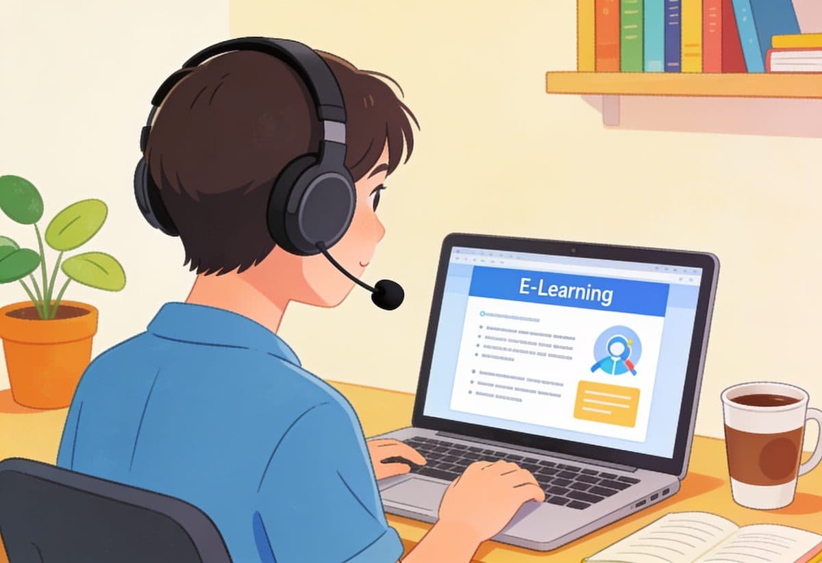 Voice talent recording eLearning narration at a laptop