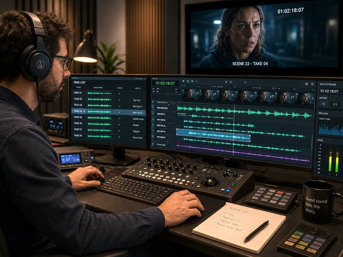 ADR session in progress, dialogue waveforms aligned to picture on the edit displays