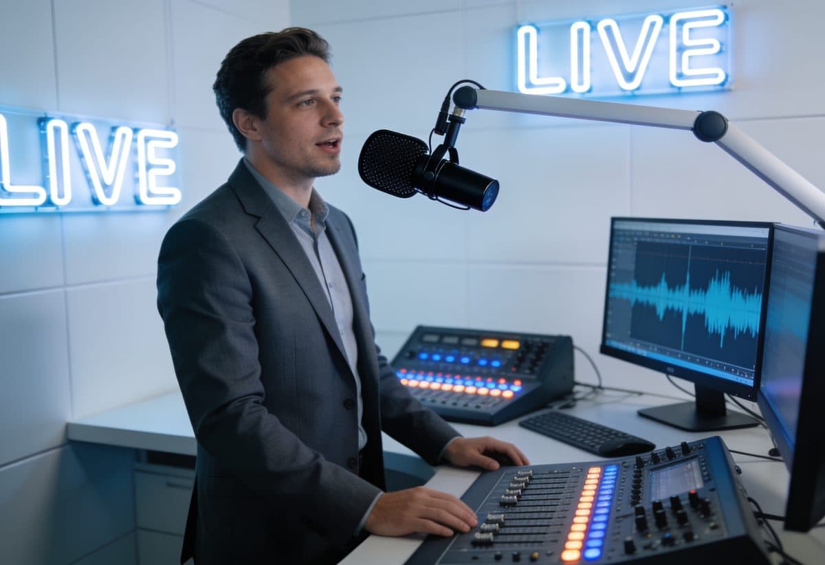Radio presenter speaking into a broadcast microphone