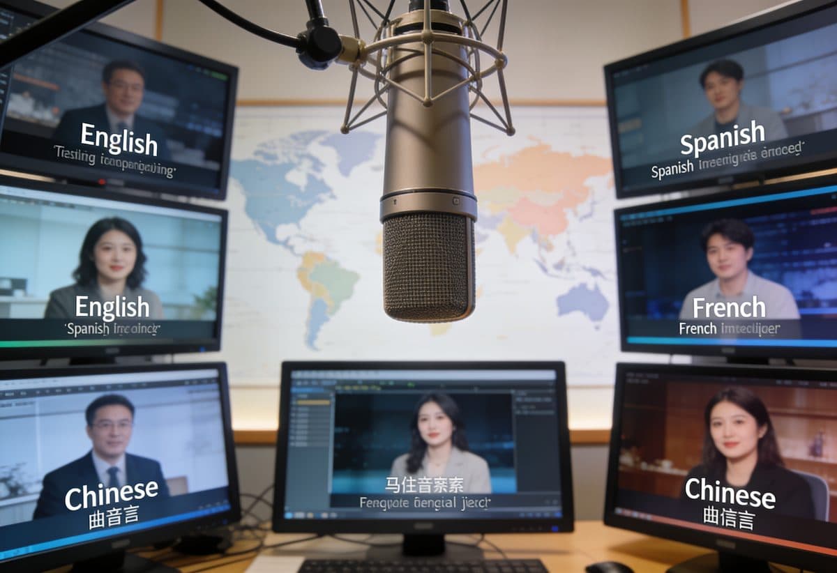 Recording studio with monitors showing content in several languages