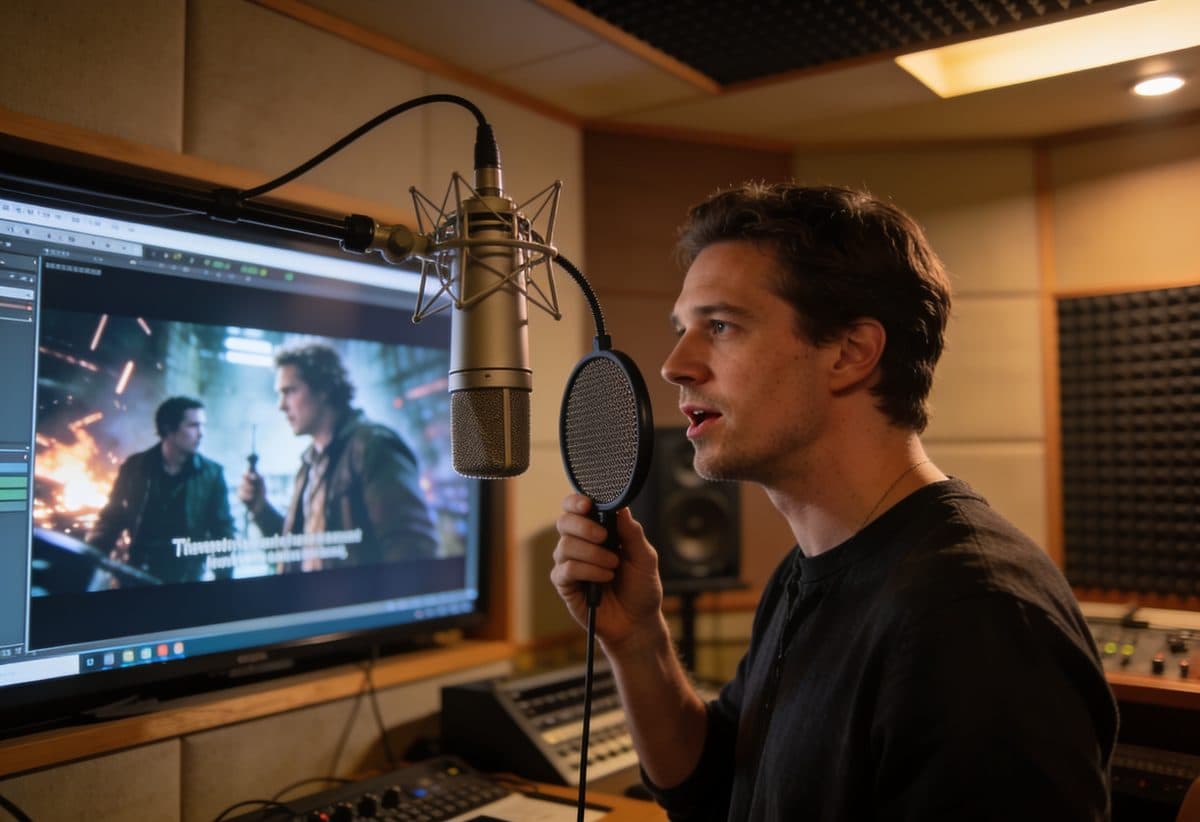 Actor dubbing dialogue to a film scene on a studio screen