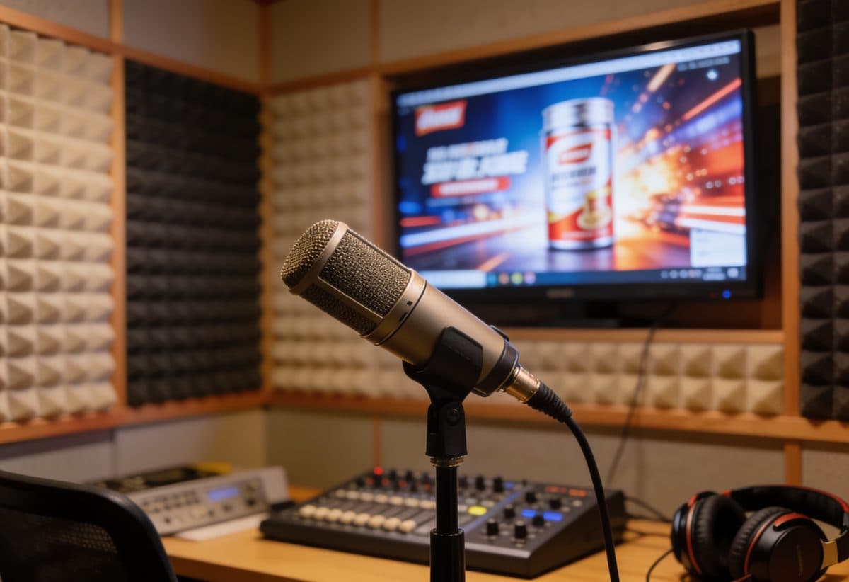 Commercial being recorded with a TV ad playing on a monitor