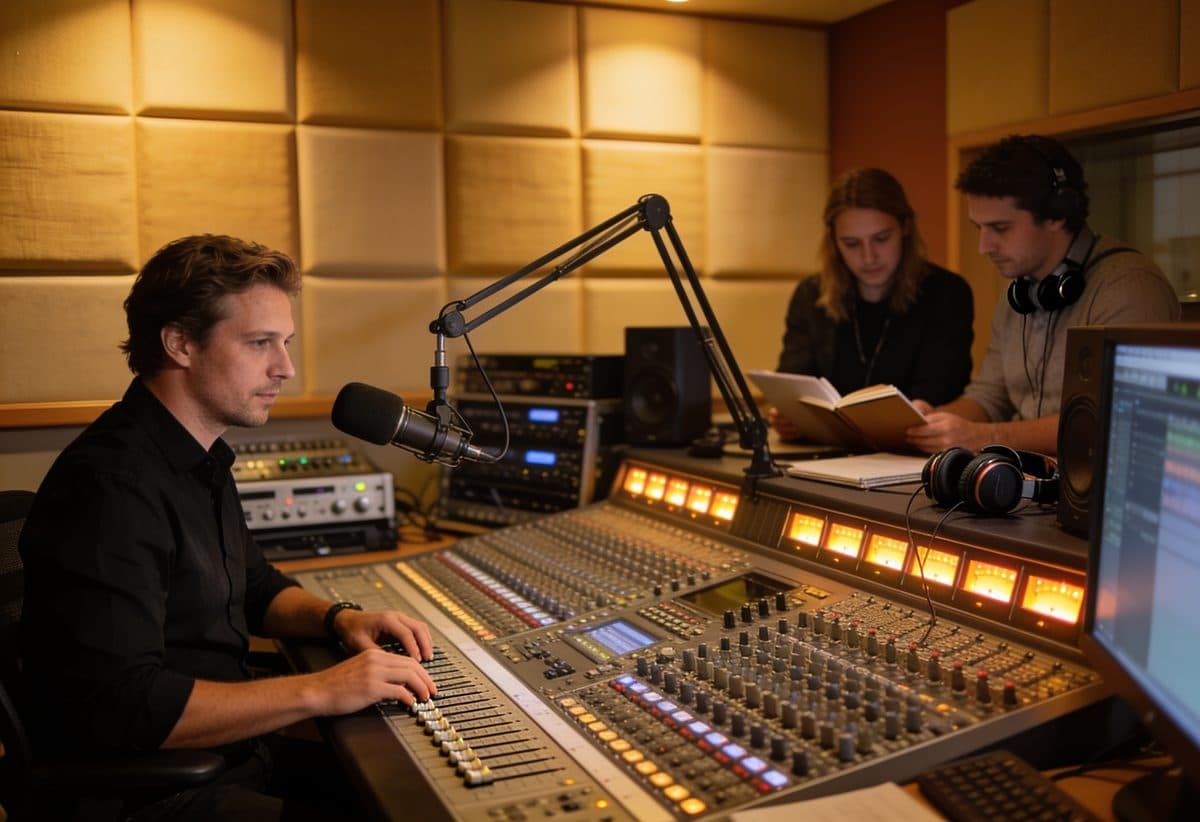 Sound engineer working at a studio mixing console
