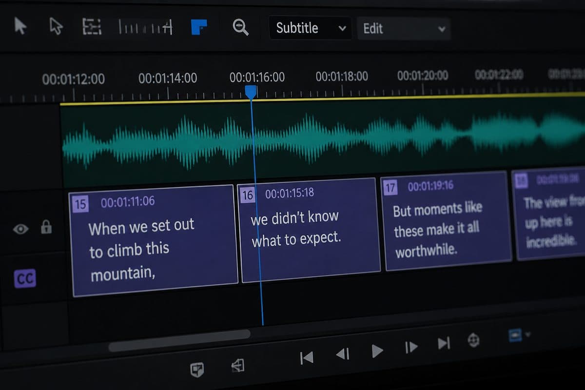 Subtitle timeline with caption blocks in editing software