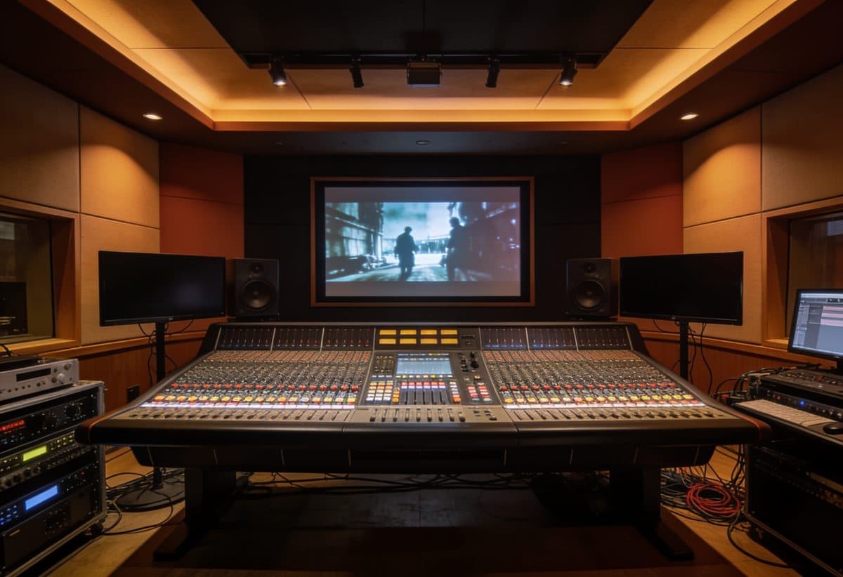 Film sound mixing studio with a large console and cinema screen