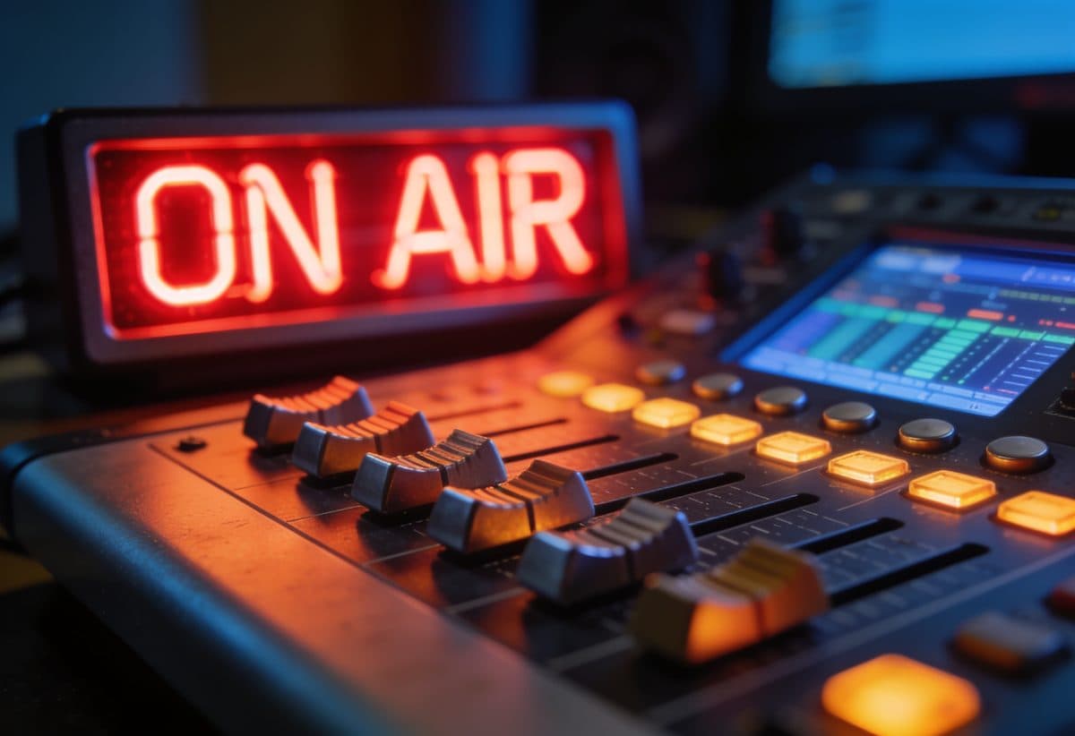 On-air sign and radio mixing console with glowing faders