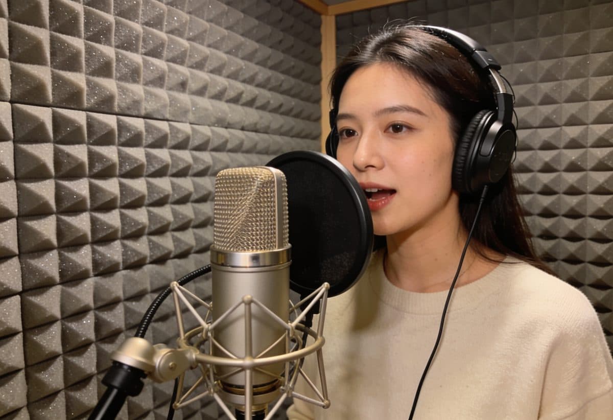 Female voice actor recording at a studio microphone