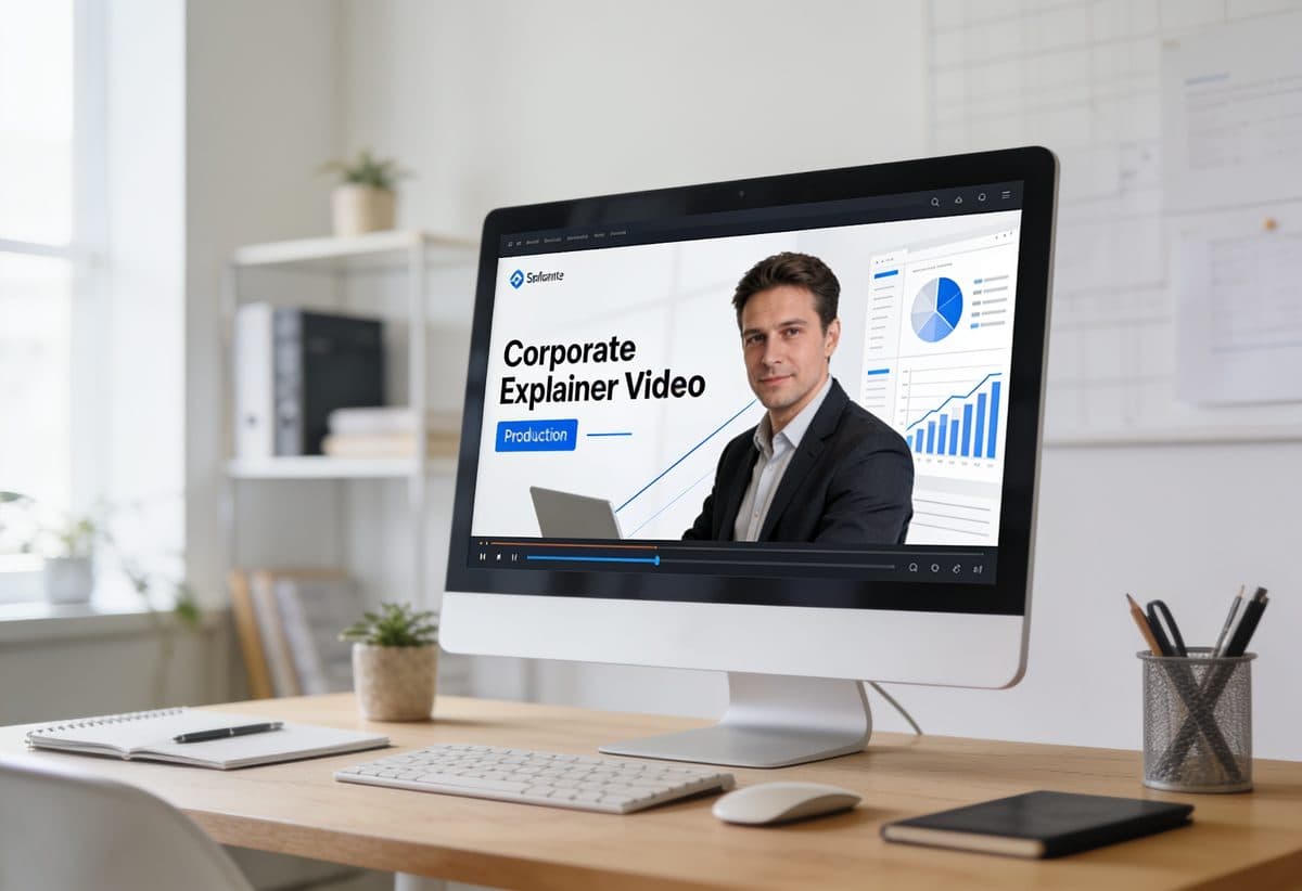 Corporate explainer video being produced on a monitor
