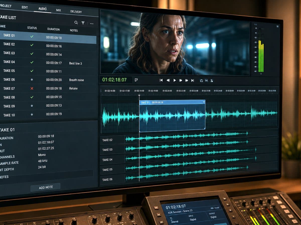 ADR take list with per-take status and notes beside the matching dialogue waveform