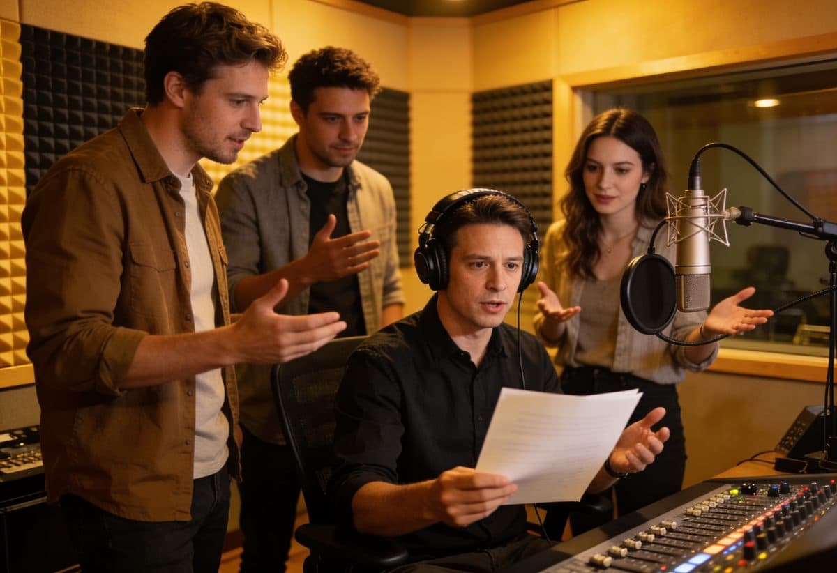 Creative team directing a voice over session for an advertising campaign