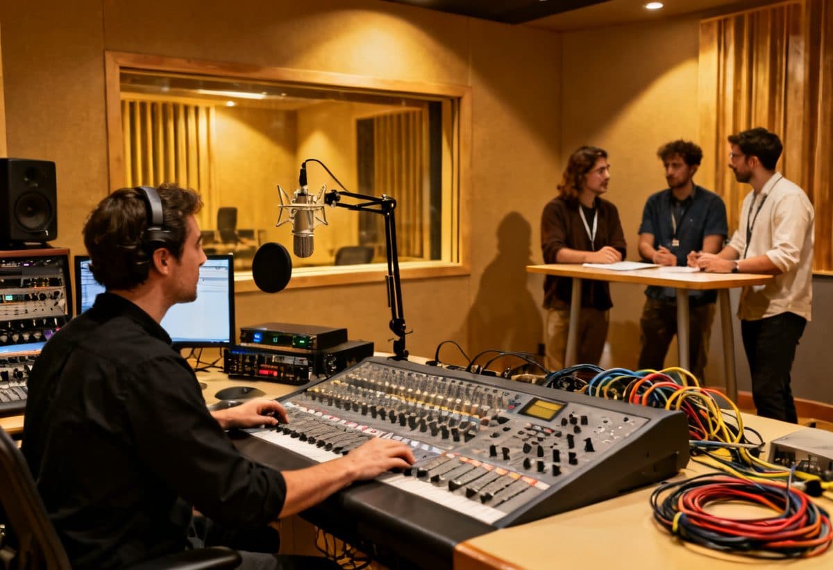 Voice over talent recording in a sound booth