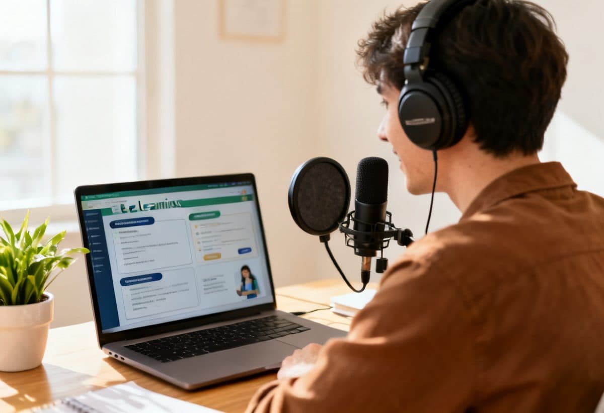 Learner following an online course with headphones