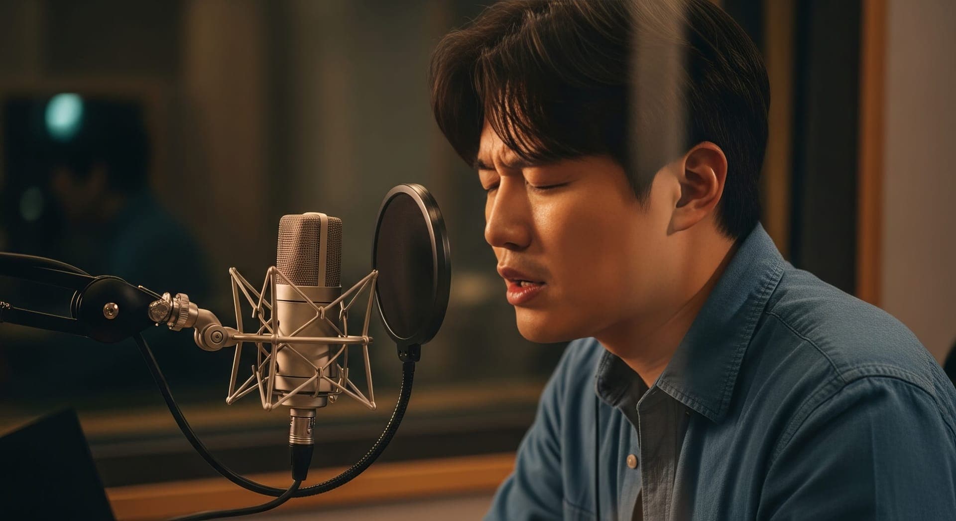 Young Asian man recording vocals in a music studio