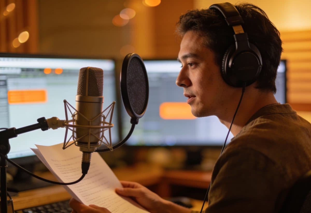 Voice actor reading a script with studio headphones