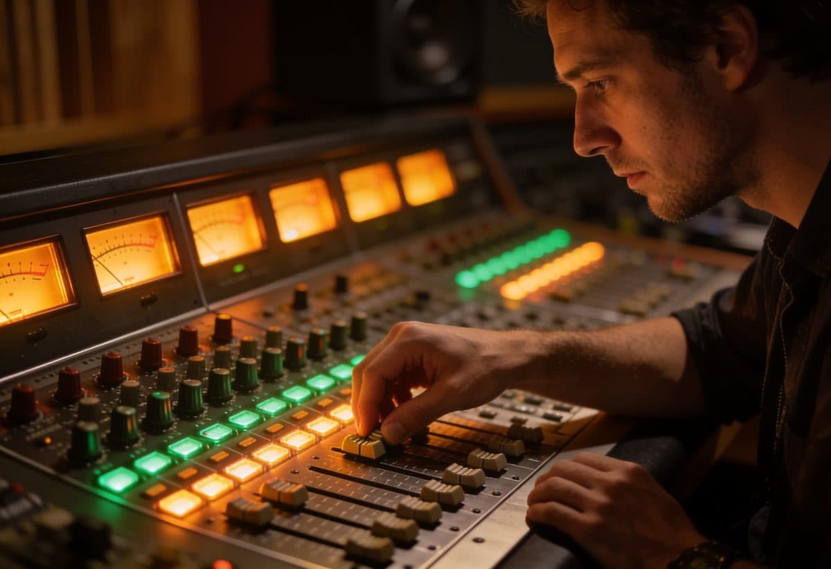 Audio engineer mixing a commercial spot at the console
