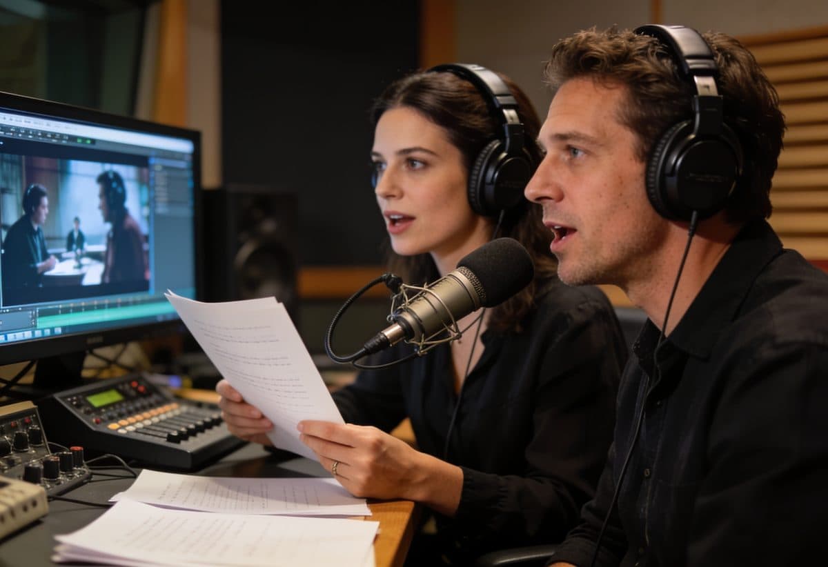 Voice director and actor working on a movie dub against picture