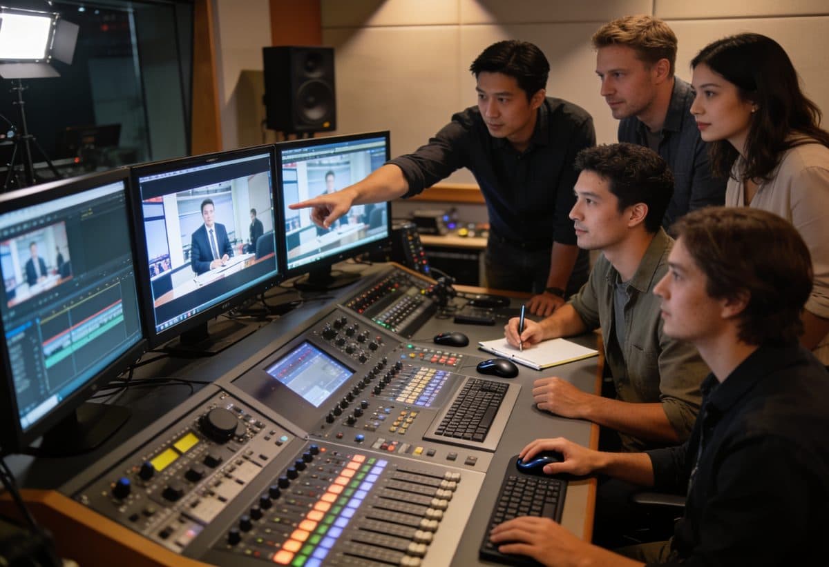 Production team reviewing a corporate video in a studio