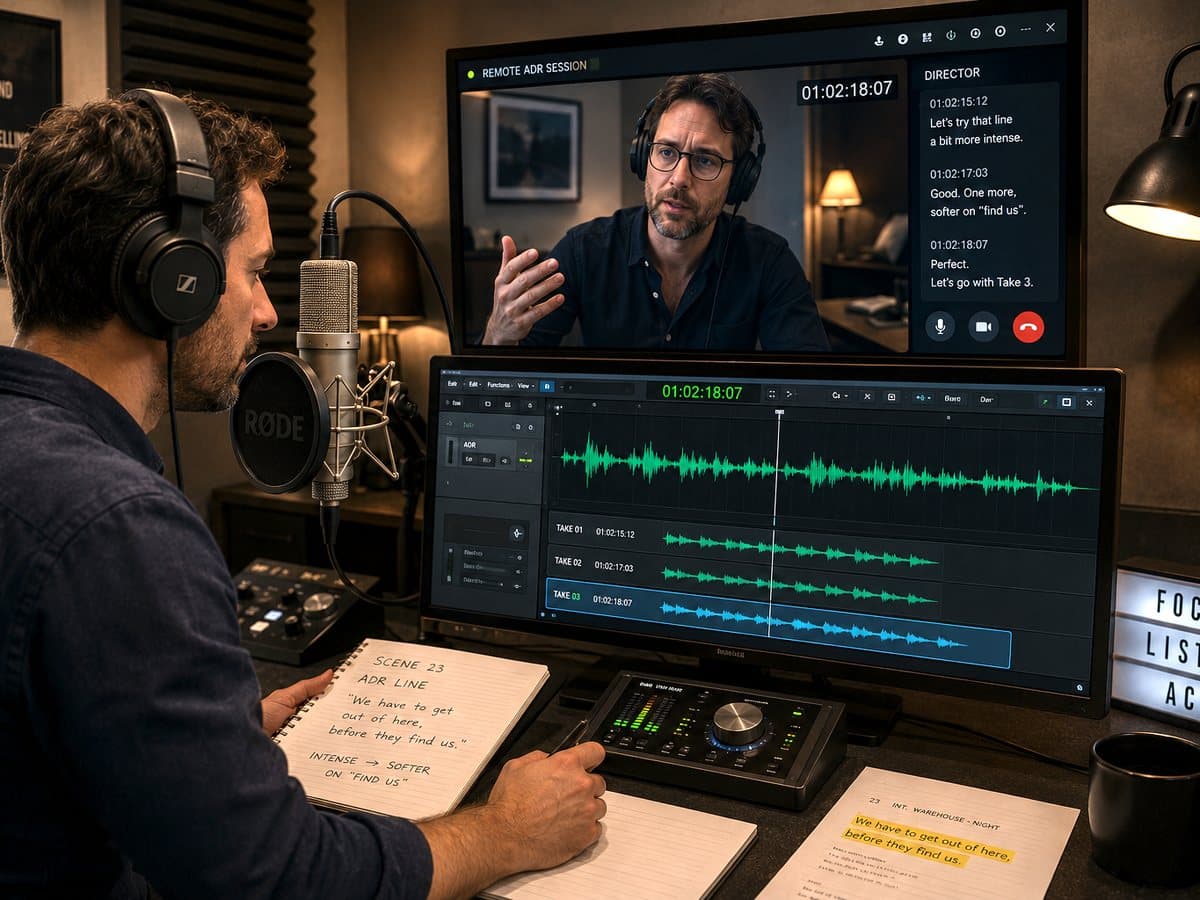 Remote ADR session with the director joining live on screen beside the take displays