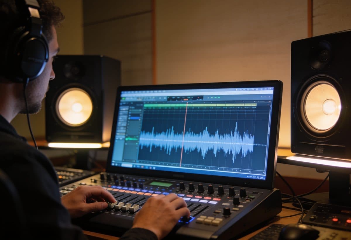 Sound engineer editing a radio spot on a waveform timeline