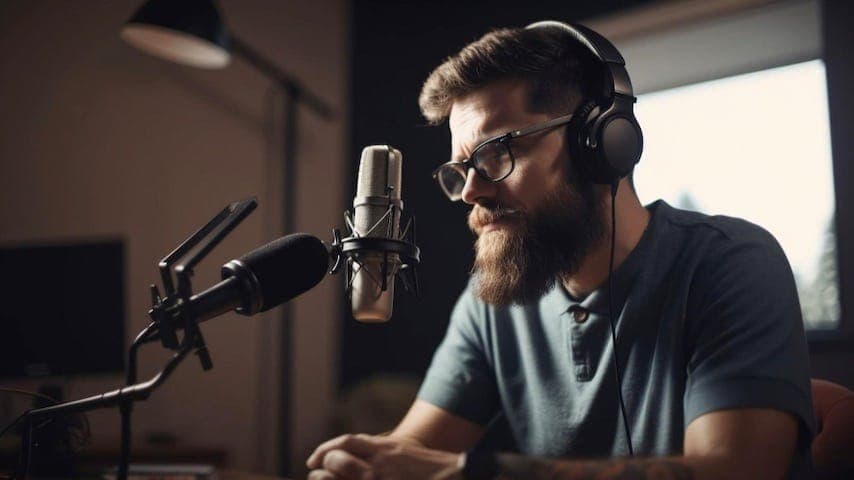 Male voice over talent at a microphone in a recording studio