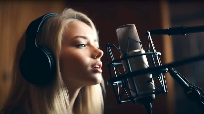 Woman in a recording studio in front of a microphone