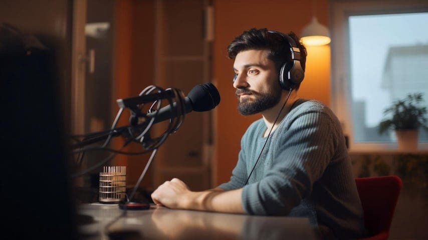 A businessman recording in a studio