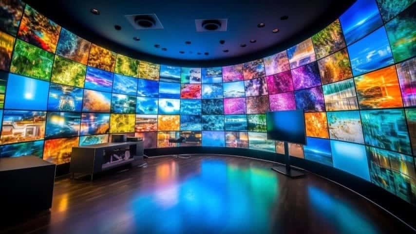 TV Commercial Voice-Over Rates. Photo of modern television broadcasting movie on wide screen generative ai. Image licence from FreePik: https://www.freepik.com/free-photo/modern-television-broadcasting-movie-wide-screen-generative-ai_42292394.htm This image is being used to illustrate the article "TV Commercial Voice-Over Rates."