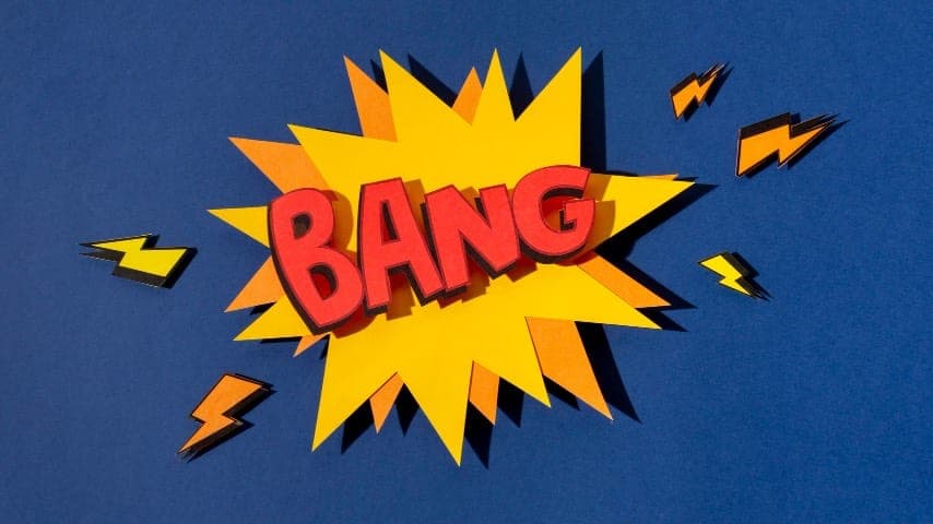 How to End Your Video with a Bang. Photo of comics speech bubble arrangement with the word "bang" written. This image is used to illustrate the article “How to End Your Video with a Bang: Expert Tips.” Freepik license: https://www.freepik.com/free-photo/top-view-comics-speech-bubble-arrangement_15416427.htm