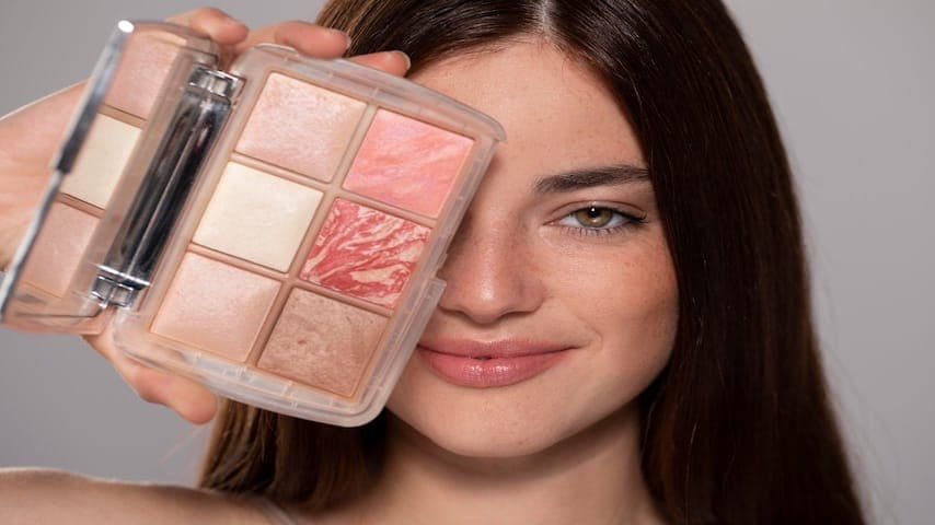 Young woman portrait holding a makeup product