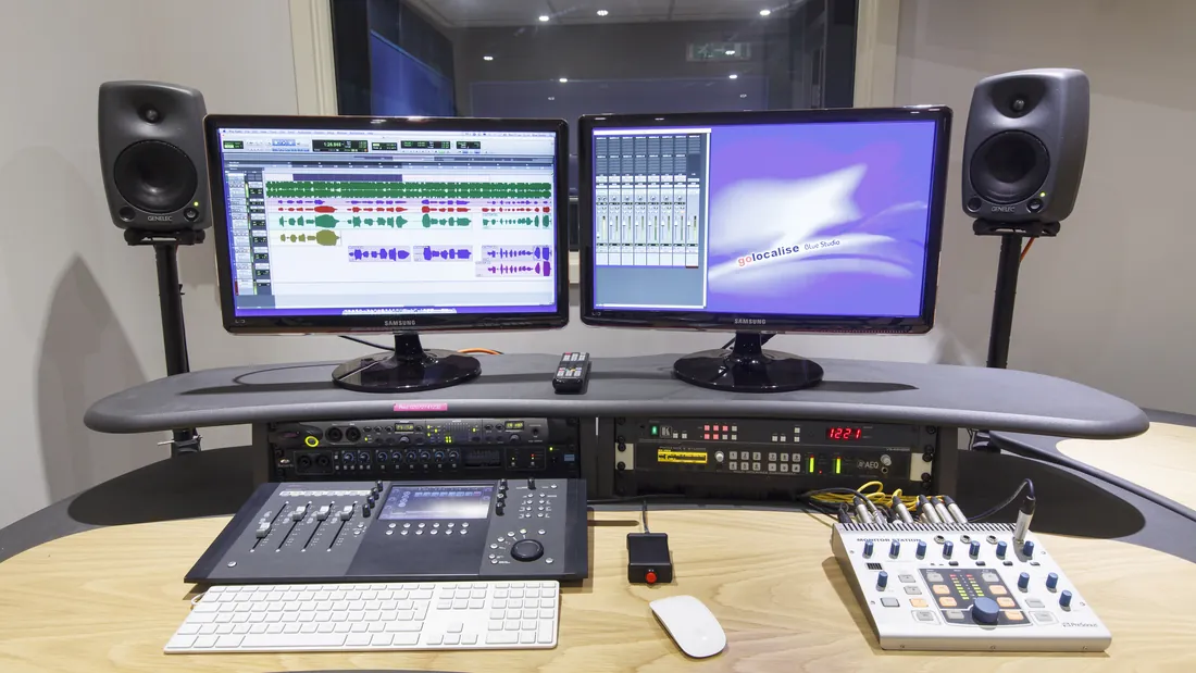 Blue Studio control desk with Pro Tools screens and Genelec monitors