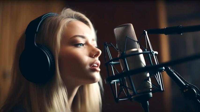 Woman in a recording studio in front of a microphone